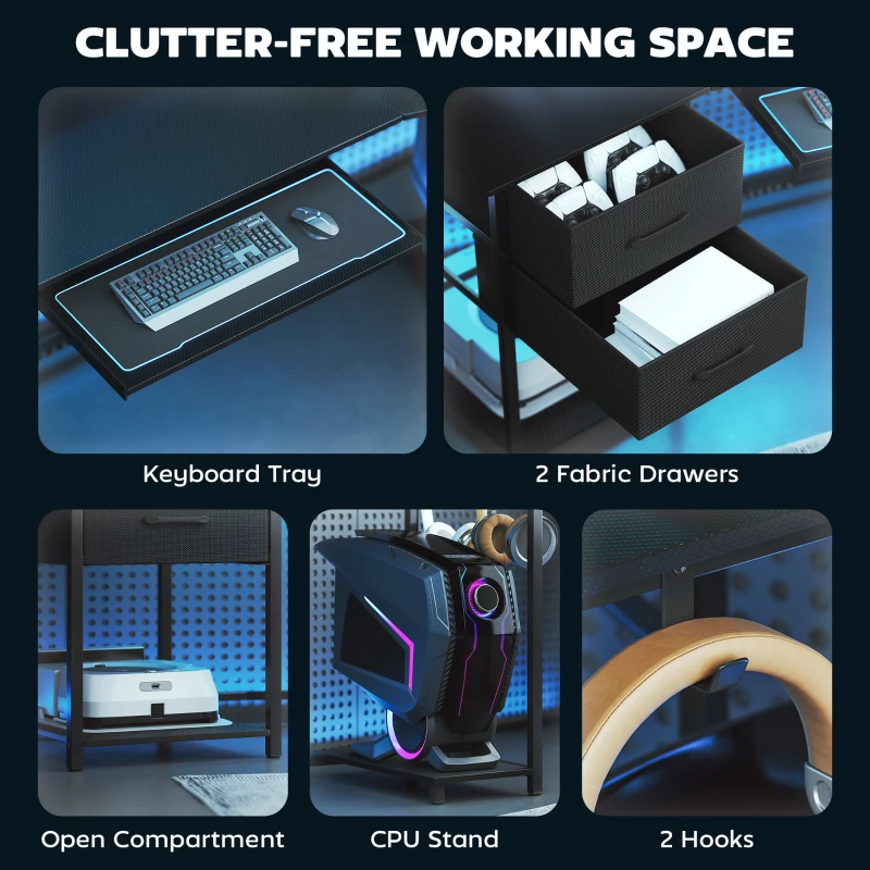 HOMCOM 79 inch Gaming Desk with RGB Lights, Computer Table with Power Outlets & USB Ports, Keyboard Tray and 2 Drawers, Black