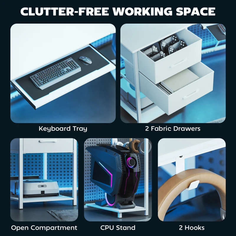 HOMCOM 79 inch Gaming Desk with RGB Lights, Computer Table with Power Outlets & USB Ports, Keyboard Tray and 2 Drawers, White