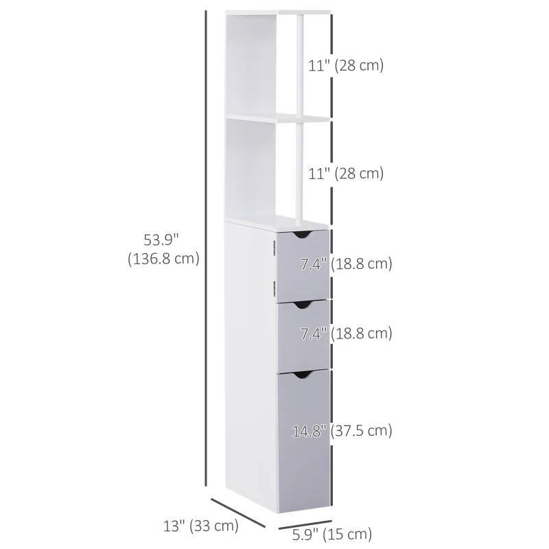 HOMCOM Tall Bathroom Storage Cabinet, Narrow Bathroom Cabinet with Drawers and Open Shelves for Small Spaces, White and Grey