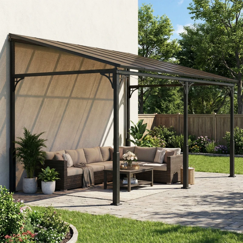 Outsunny 13' x 10' Lean to Gazebo, Hardtop Wall Mounted Outdoor Pergola with Polycarbonate Roof and Metal-Aluminium Frame