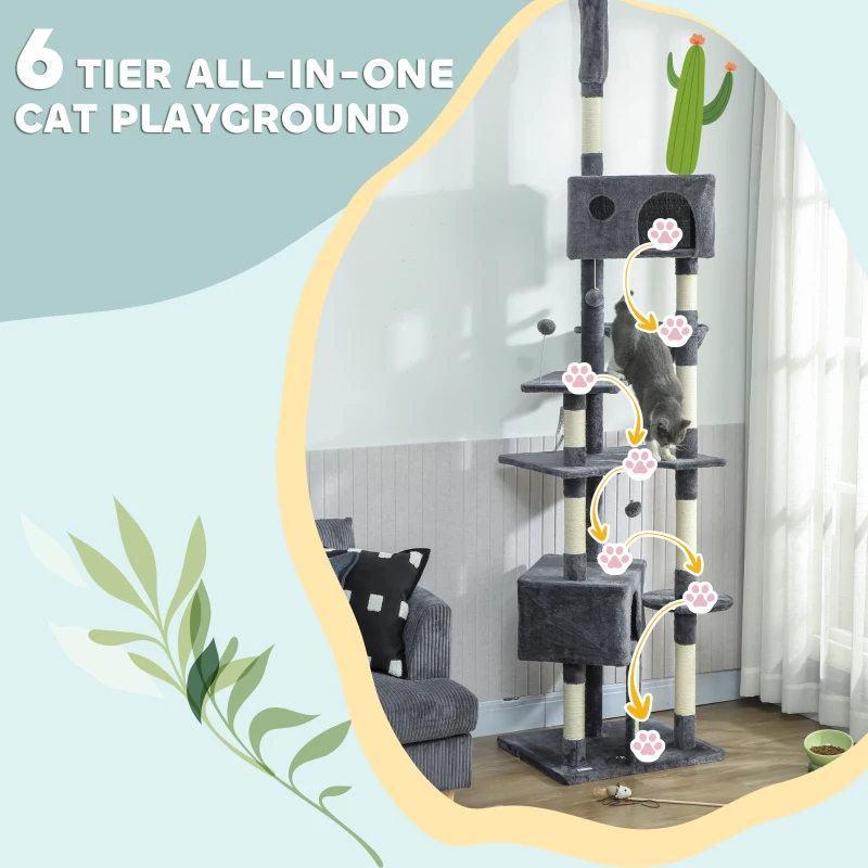 PawHut 91"-98" Floor to Ceiling Cat Tree with 2 Condos, Hammock and Sisal Scratching Posts, for Indoor, Dark Grey