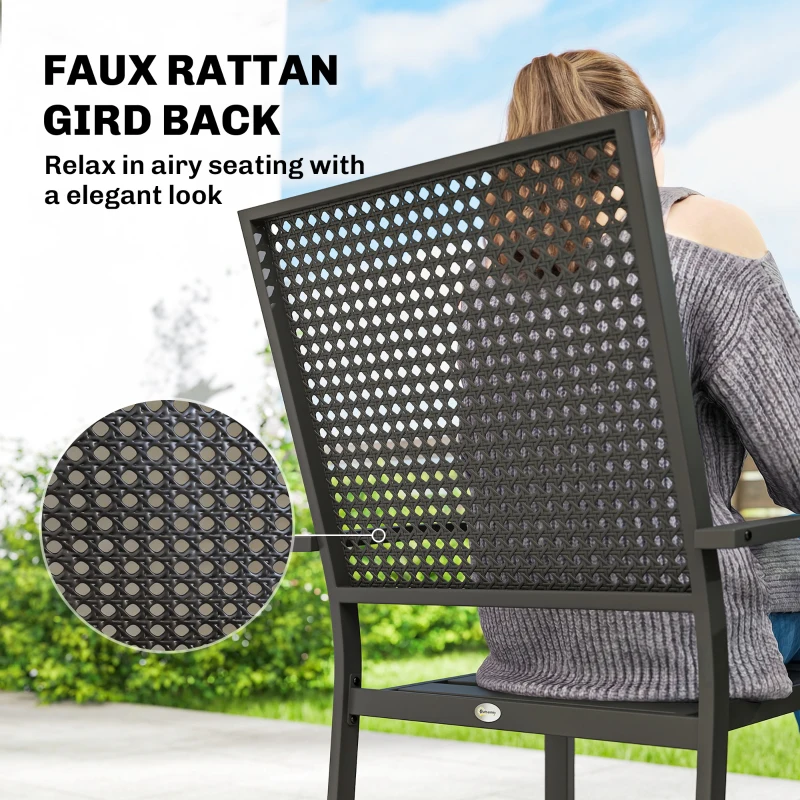 Outsunny Stackable Patio Chairs Set of 2, Outdoor Dining Chairs with Faux Wicker Steel Mesh Back, Slatted Seat, Armrests, Black