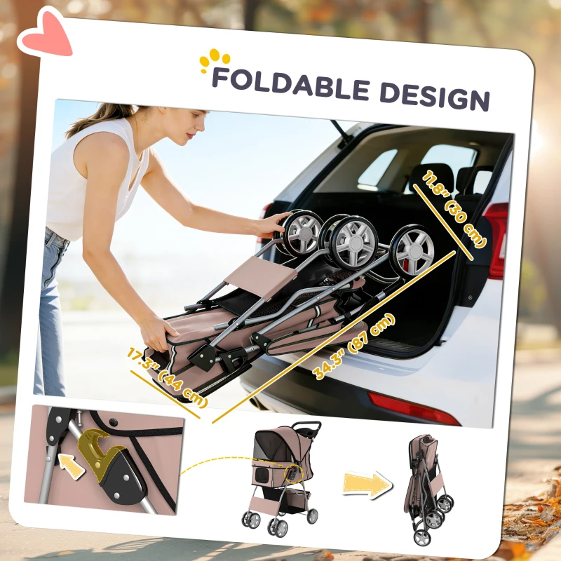 PawHut Pet Stroller for Dogs & Cats, Foldable Dog Stroller with Wheels, Reflective Strips, Brake, Pad and Basket, Coffee
