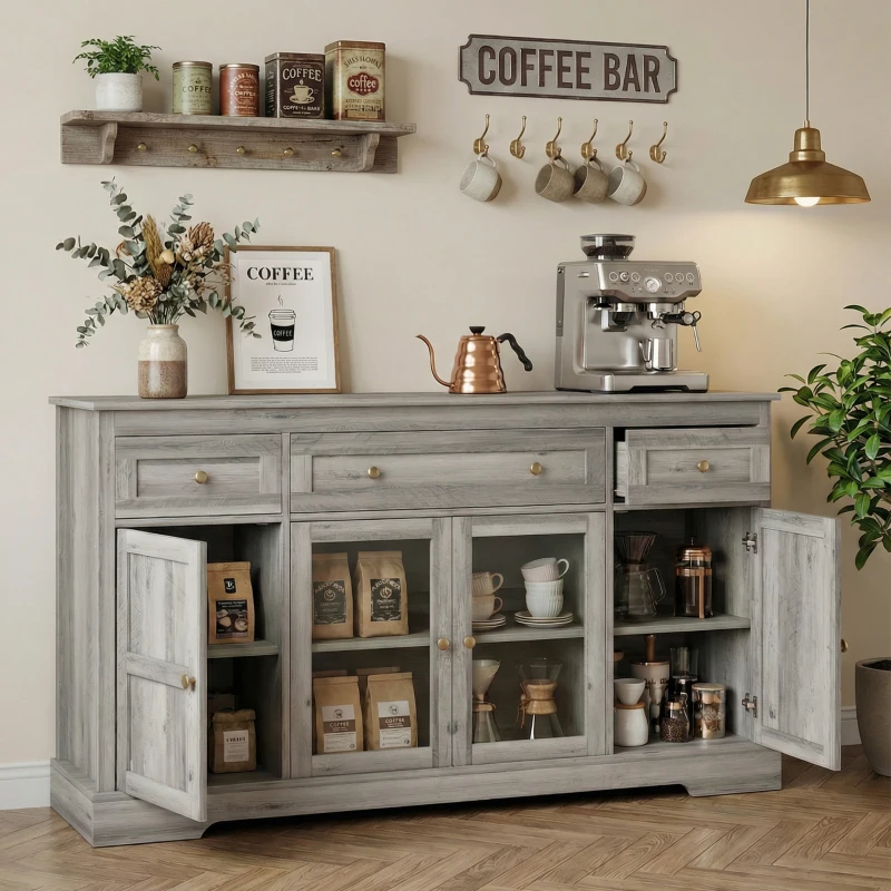 HOMCOM Dining Room Sideboard Buffet Cabinet with Storage, Coffee Bar Cabinet with Glass Doors and Adjustable Shelves, Weathered Grey Oak