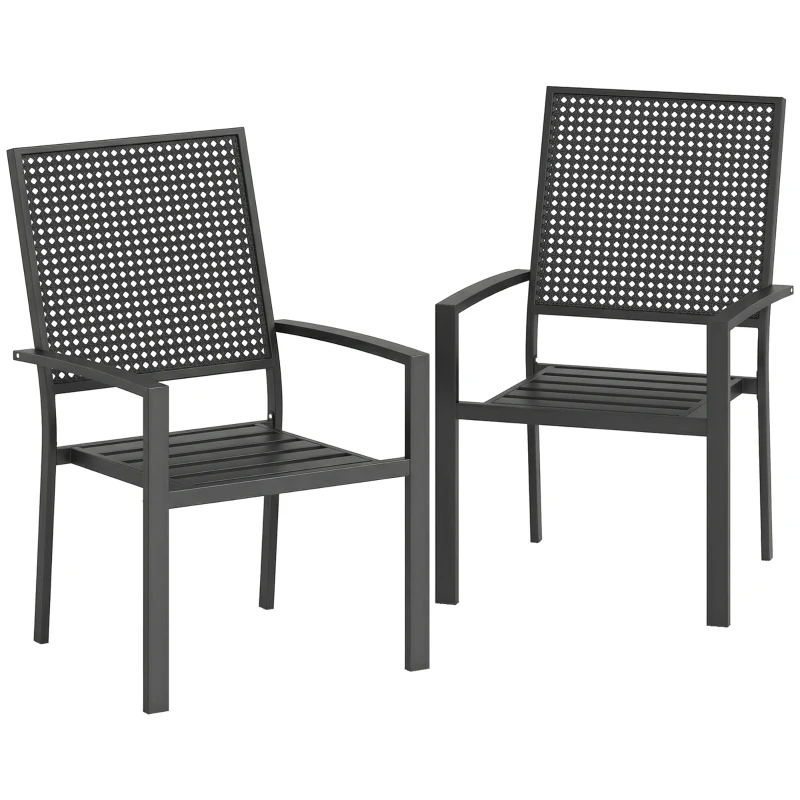 Outsunny Stackable Patio Chairs Set of 2, Outdoor Dining Chairs with Faux Wicker Steel Mesh Back, Slatted Seat, Armrests, Black