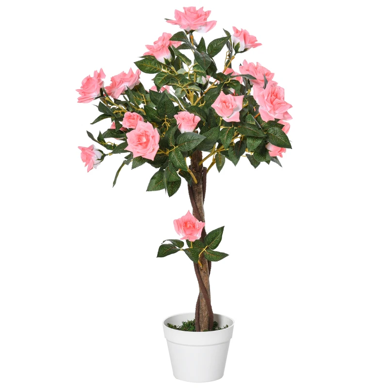 Outsunny 3FT Artificial Plant Pink Rose Floral in Pot, Fake Plant for Home Indoor Decor