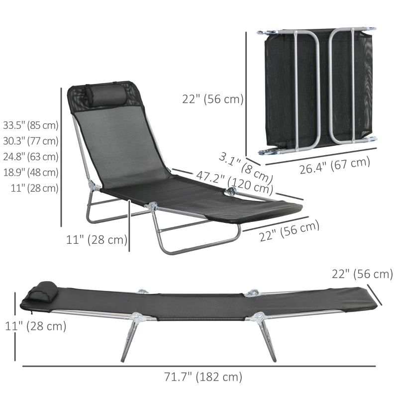 Outsunny Folding Outdoor Lounge Chair Set of 2, Reclining Tanning Chair with 5-Position Adjustable Backrest, Black