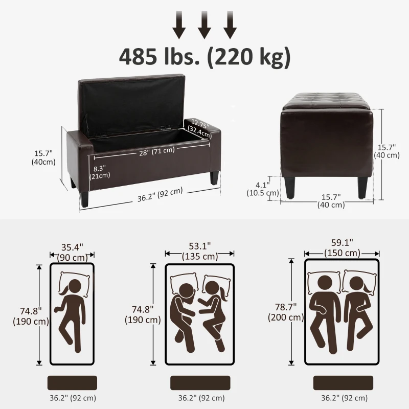 HOMCOM Storage Ottoman Bench, PU Leather Upholstered Bench with Tufted Design, Brown