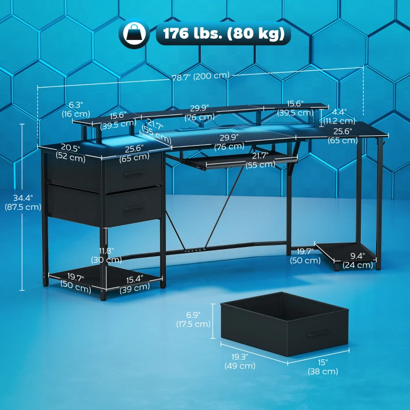 HOMCOM 79 inch Gaming Desk with RGB Lights, Computer Table with Power Outlets & USB Ports, Keyboard Tray and 2 Drawers, Black