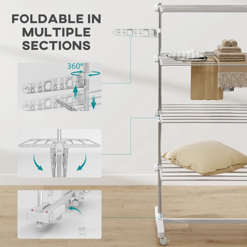 HOMCOM Garment Drying Rack Stainless Steel Folding Clothes Hanging Rack with Side Wings Castors for Indoor Outdoor White