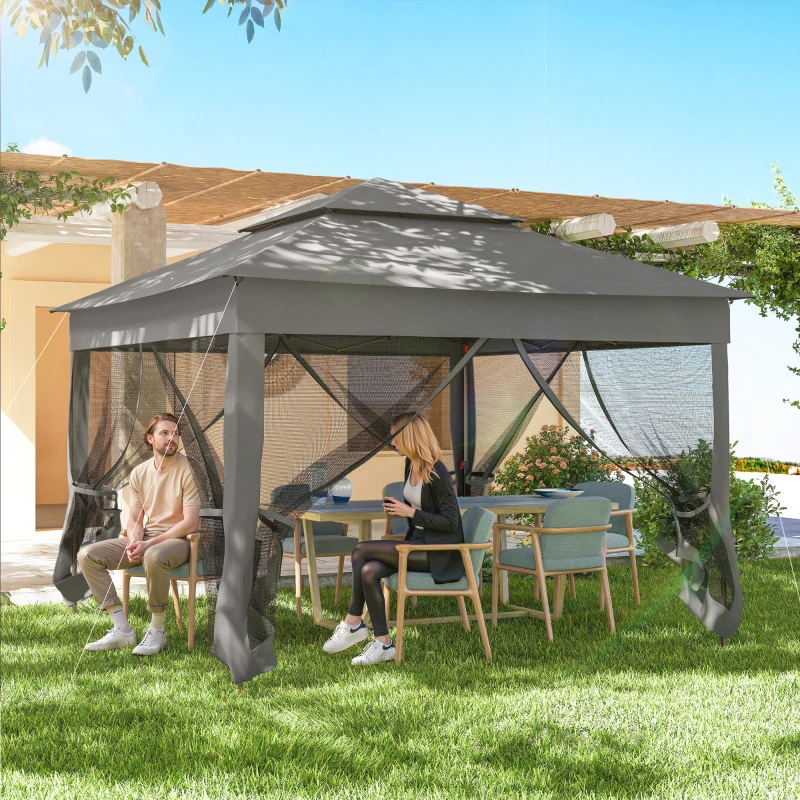 Outsunny 11' x 11' Pop Up Canopy 2-Tier Soft Top Shelter Event Tent w/ Netting Carry Bag for Patio Backyard Garden, Dark Grey
