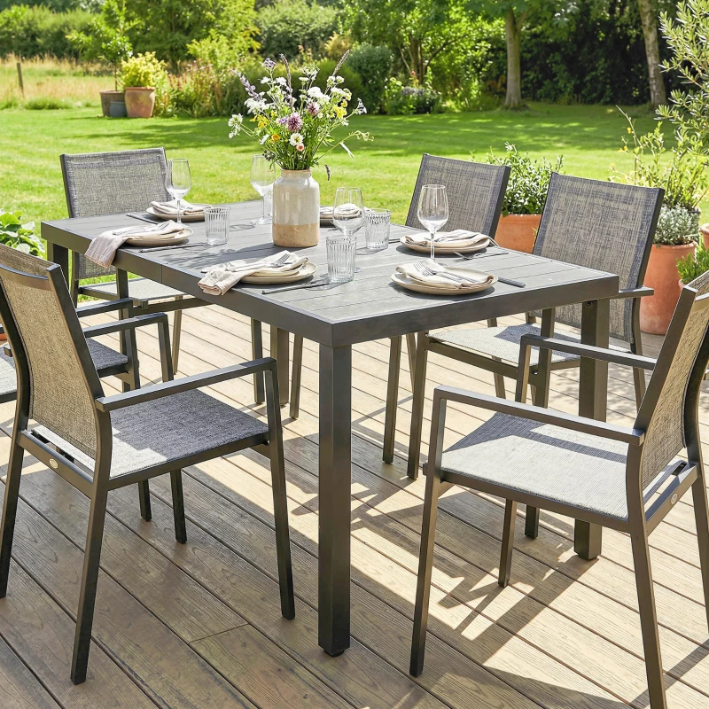 Outsunny Rectangular Patio Table for 6, Outdoor Dining Table with Wood-Plastic Composite Top and Steel Frame for Garden, Grey