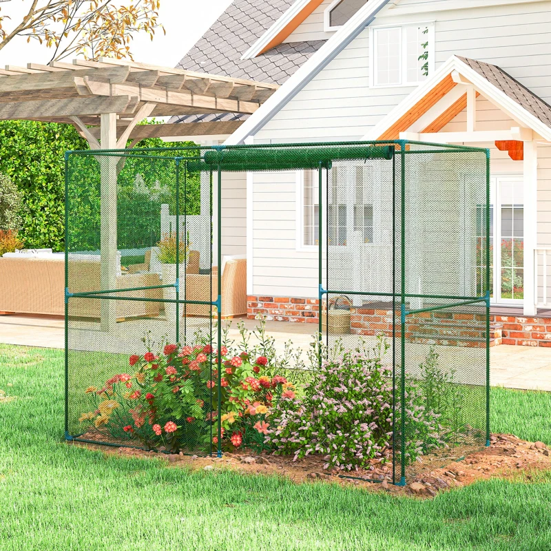 Outsunny Walk-in Crop Cage, Plant Protectors from Animals with Roll Up Zippered Door, 7.9' x 3.9' x 6.1', Green