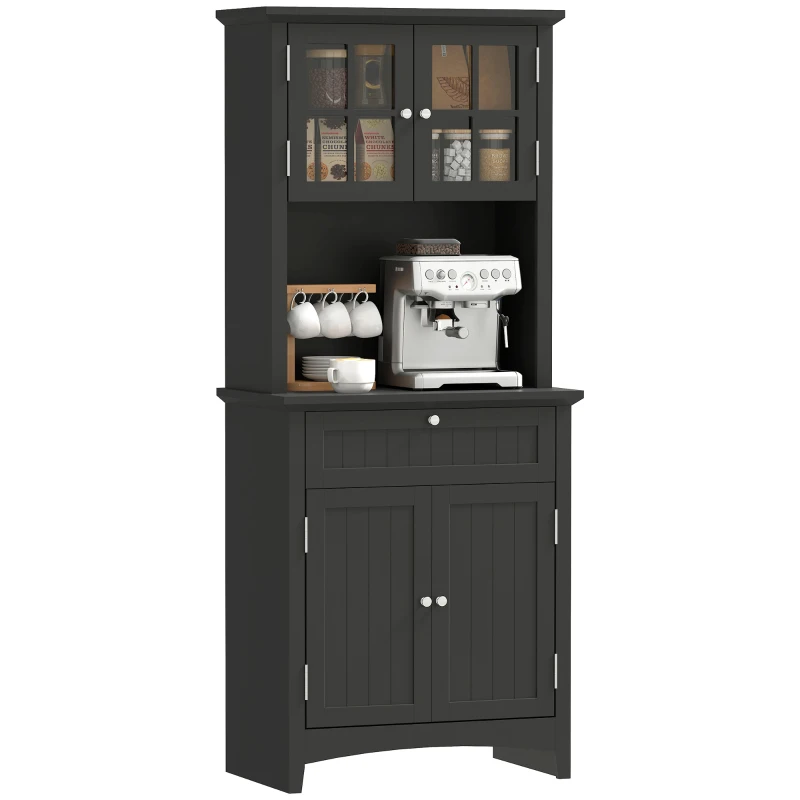 HOMCOM 64.6" Tall Kitchen Pantry Storage Cabinet with Microwave Stand, Freestanding Buffet Cabinet with Hutch, Glass Doors, Drawer and Adjustable Shelves, Black
