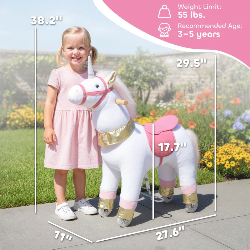 Qaba Ride on Unicorn Toy for Kids 3-5 Years, 29.5 Inch Plush Baby Rocking Horse with Wheels, No Battery Required, White