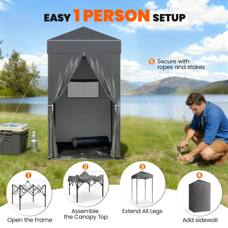 Outsunny 4 x 4 ft Compact Pop Up Canopy Tent, UPF 50+ Changing Room, Portable Instant Privacy Canopy with Mesh Window, Dark Grey
