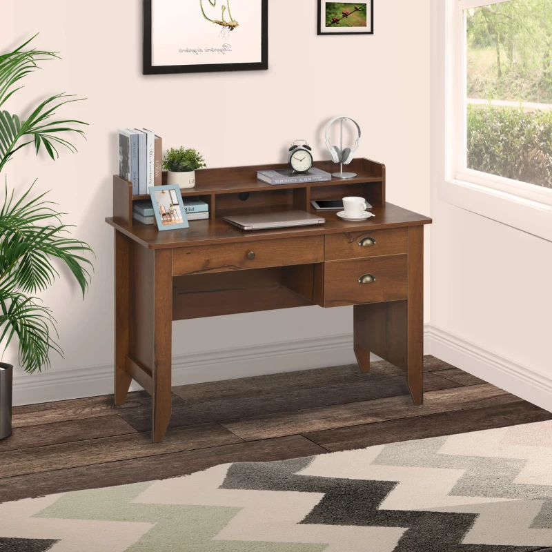 HOMCOM Study Table with Storage Hutch, Drawers, Shelf, Home Office Writing Table Study Workstation with Cable Management, Brown