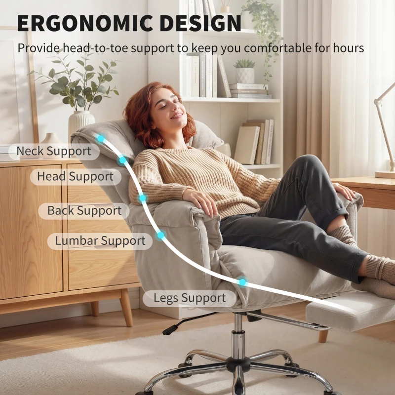 HOMCOM High Back Office Chair, Reclining Desk Chair with Footrest, High Resilience Foam, Rolling Wheels, Light Taupe Gray