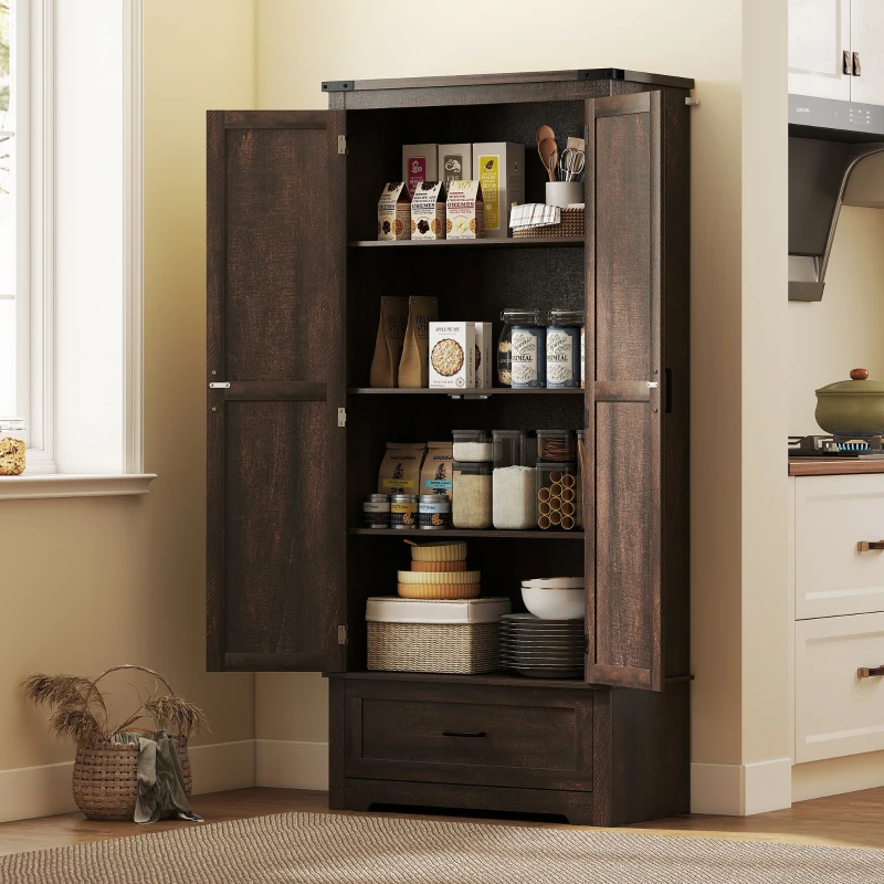 HOMCOM 69" Tall Farmhouse Kitchen Pantry Cabinet with 2 Doors, Drawer and Adjustable Shelves, Dark Brown