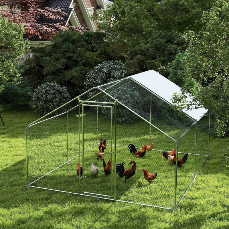 PawHut Metal Chicken Coop, 9.8 x 11.2 FT Walk-in Chicken Run with Cover, Lockable Door, Outdoor Poultry Cage for 10-15 Chickens