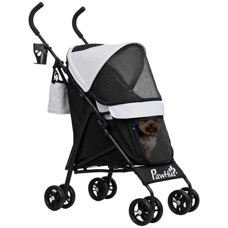 PawHut Foldable Dog Stroller, Lightweight Dog Pram w/ Shoulder Strap, Storage Bag, Cup Holder, Light Grey