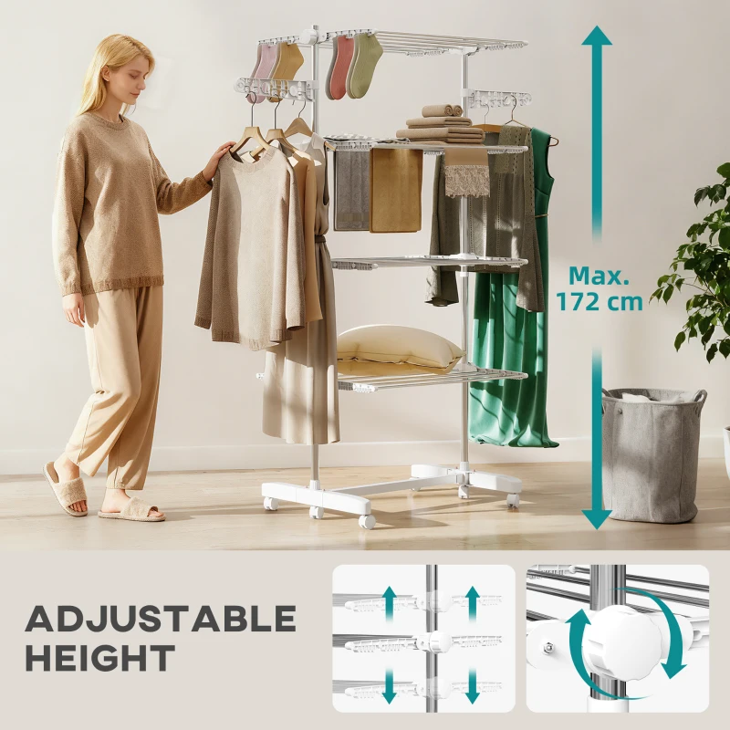 HOMCOM Garment Drying Rack Stainless Steel Folding Clothes Hanging Rack with Side Wings Castors for Indoor Outdoor White