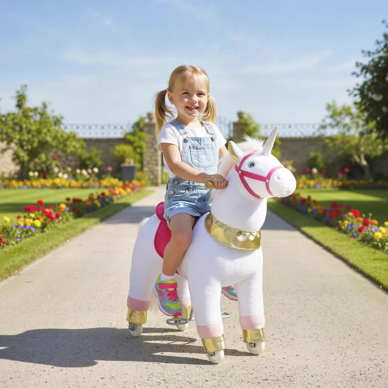 Qaba Ride on Unicorn Toy for Kids 3-5 Years, 29.5 Inch Plush Baby Rocking Horse with Wheels, No Battery Required, White