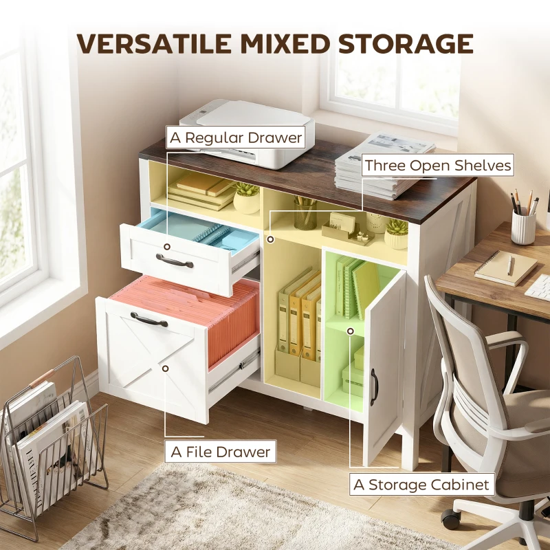 HOMCOM Lateral Filing Cabinet for Letter/A4 Hanging Files, File Cabinet with Open Compartments for Home Office, White