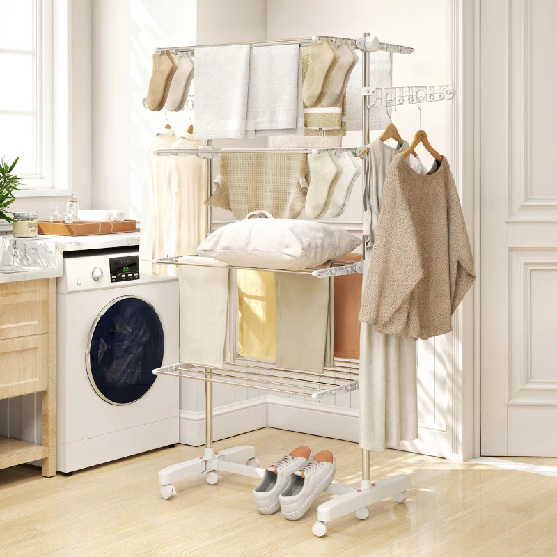 HOMCOM Garment Drying Rack Stainless Steel Folding Clothes Hanging Rack with Side Wings Castors for Indoor Outdoor White