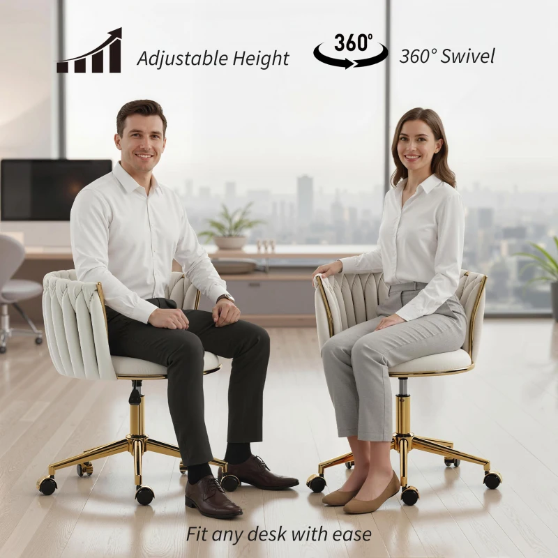 HOMCOM Office Chair, Vanity Chair with Woven Back, Adjustable Height, Rolling Wheels, Cream White