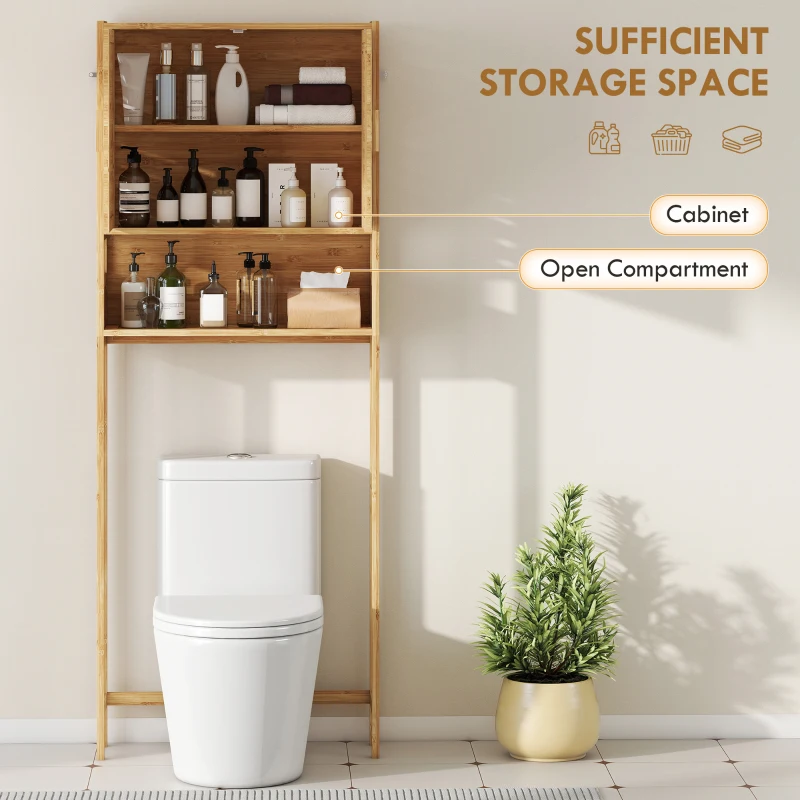 HOMCOM Over the Toilet Cabinet, Bathroom Organizer with 2 Doors, Open Compartment and Adjustable Shelf, Natural Wood Finish