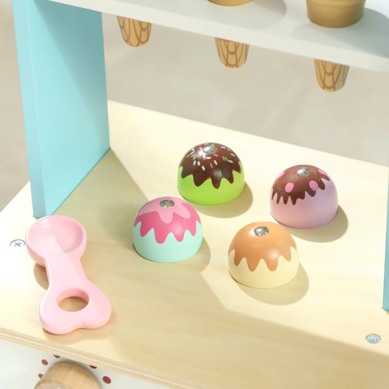 Qaba Wooden Ice Cream Toy Shop Kids, Pretend Play Food Store with Toy Food and Oven for Boys and Girls Aged 3+