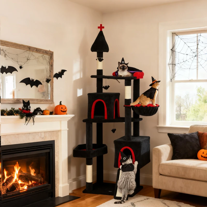 PawHut 78" Gothic Cat Tree, Cat Tower with Coffin Bed, 2 Spacious Condos, Sisal Scratching Posts, Bat Hanging Balls, Halloween