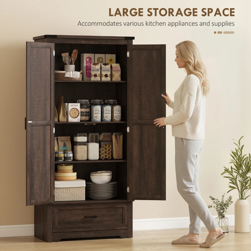 HOMCOM 69" Tall Farmhouse Kitchen Pantry Cabinet with 2 Doors, Drawer and Adjustable Shelves, Dark Brown