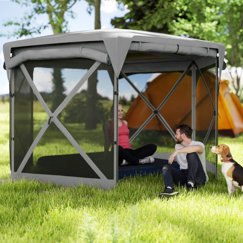 Outsunny 11 x 11ft Pop Up Gazebo Screen Tent with Removable Roof Cover, Roll-up Wind Panels for Camping, Backyard, Dark Gray