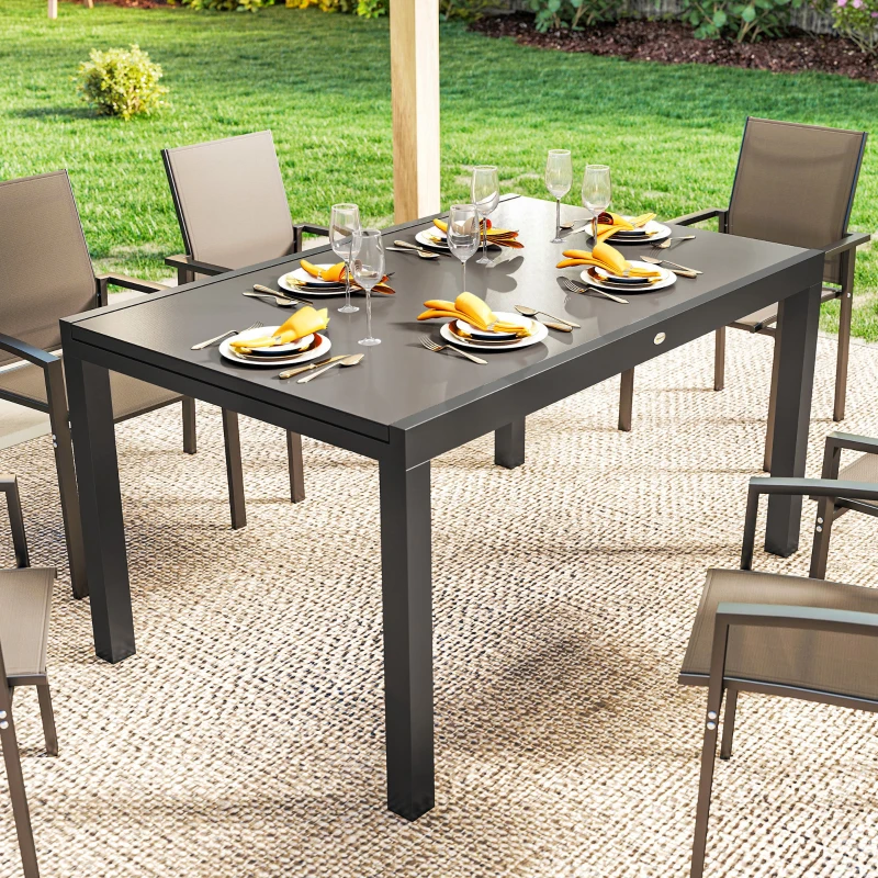 Outsunny Expandable Outdoor Dining Table, 55"-95" Patio Table with Tempered Glass Top and Aluminum Frame, Black
