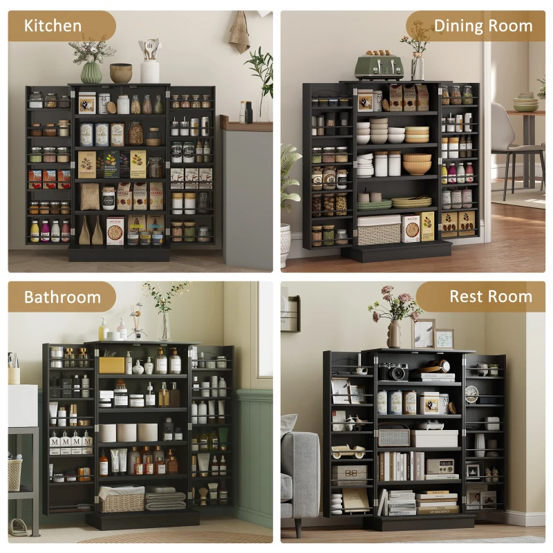 HOMCOM 41" Kitchen Pantry Cabinet with 5-tier Shelving, 12 Spice Racks, Anti-Tipping, 2-Door Storage Cabinet with 3-Level Adjustable Shelves, Black