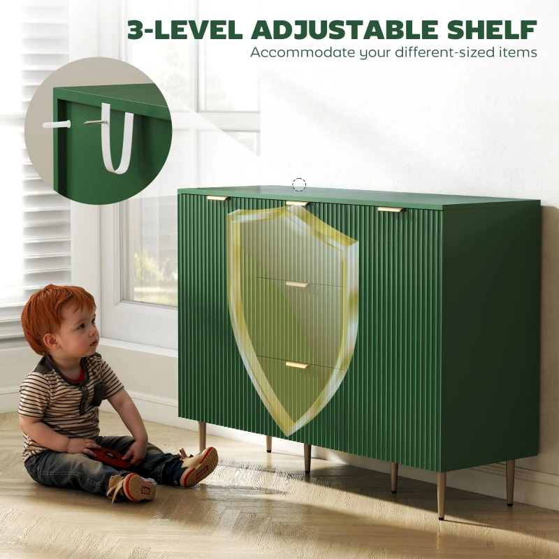 HOMCOM Modern Kitchen Storage Cabinet, Sideboard Buffet Cabinet w/ 3 Drawers and Adjustable Shelves for Kitchen Hallway, Green