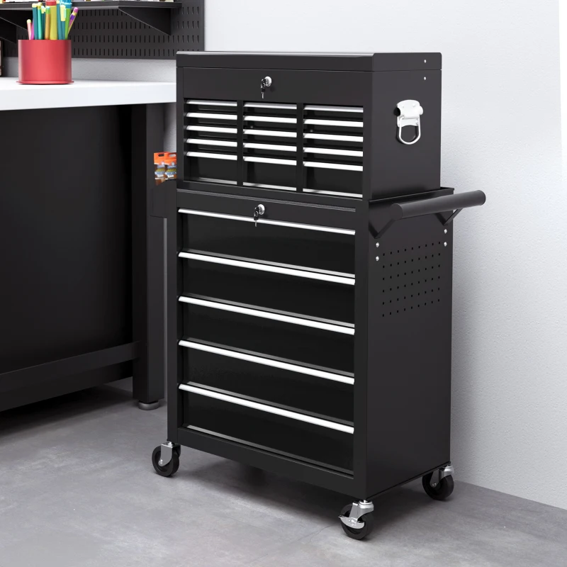 HOMCOM 14 Drawer Rolling Tool Chest, Lockable Tool Storage Cabinet with Detachable Top Toolbox, Protective Liner, Black