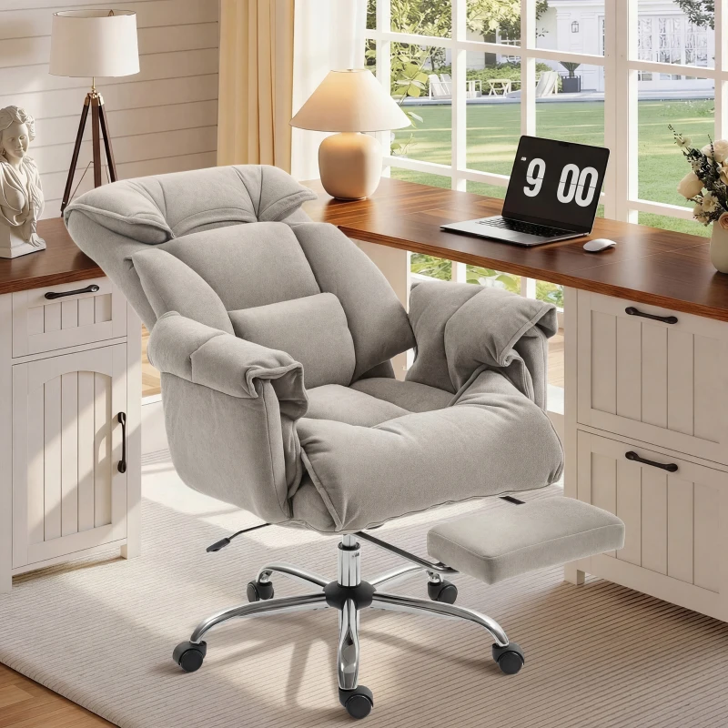 HOMCOM High Back Office Chair, Reclining Desk Chair with Footrest, High Resilience Foam, Rolling Wheels, Light Taupe Gray
