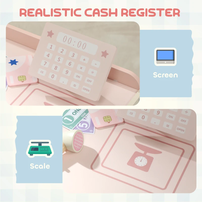 Qaba Kids Grocery Store Playset, Pretend Play Store with Cash Register and Vending Machine for Toddler Boys Girls, Pink