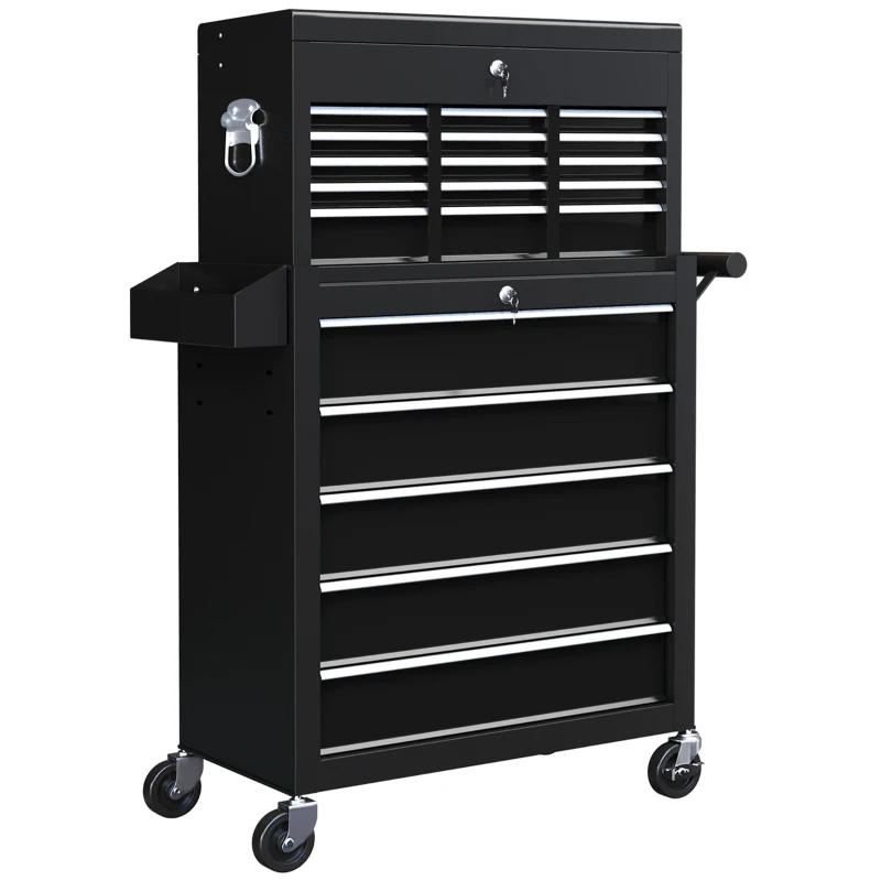 HOMCOM 14 Drawer Rolling Tool Chest, Lockable Tool Storage Cabinet with Detachable Top Toolbox, Protective Liner, Black