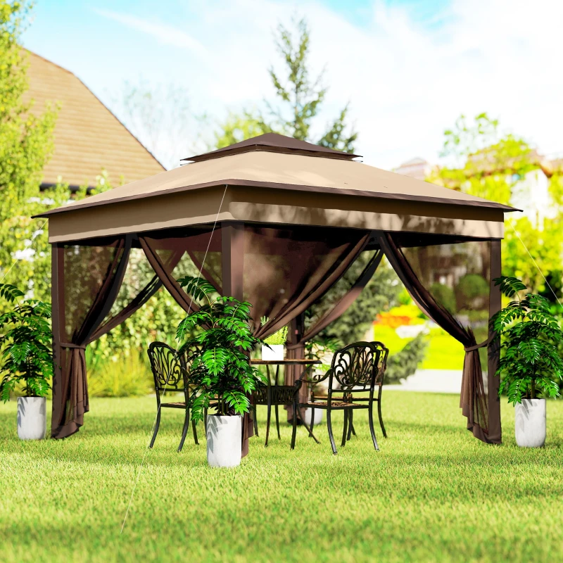 Outsunny 10.7 x 10.7ft Pop Up Gazebo, Adjustable Instant Sun Shelter with UV30+ Roof Cover, Removable Mesh Curtains, Beige