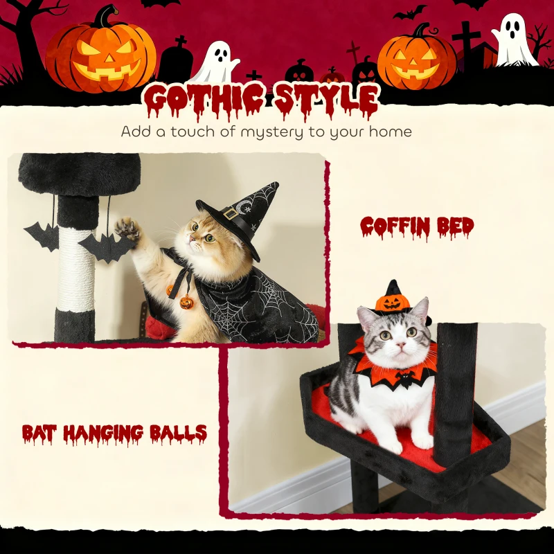 PawHut 78" Gothic Cat Tree, Cat Tower with Coffin Bed, 2 Spacious Condos, Sisal Scratching Posts, Bat Hanging Balls, Halloween