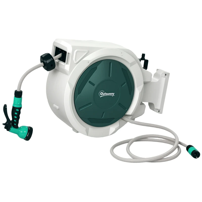 Outsunny 1/2 in x 65ft Wall Mounted Garden Hose Reel, Retractable Water Hose Reel with Auto Rewind, Any Length Lock, Green