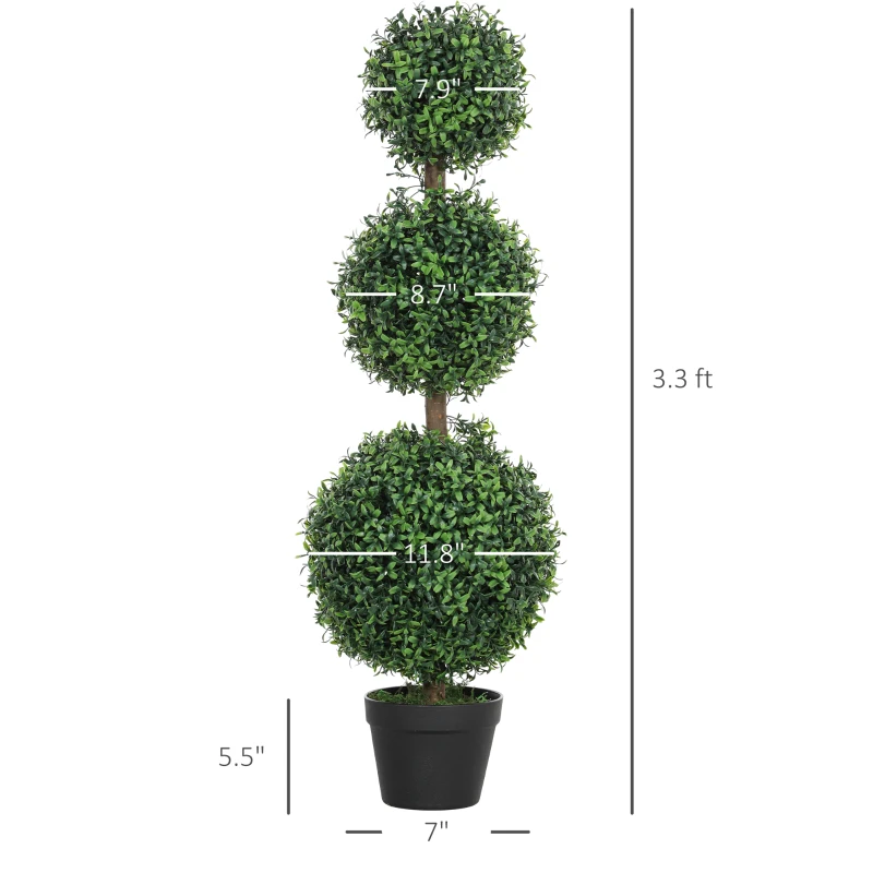 HOMCOM Set of 2 Artificial Ball Boxwood Topiary Trees, Fake Plants in Pot for Indoor Outdoor Living Room Green