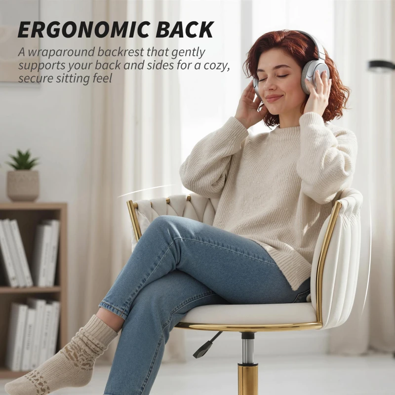 HOMCOM Office Chair, Vanity Chair with Woven Back, Adjustable Height, Rolling Wheels, Cream White