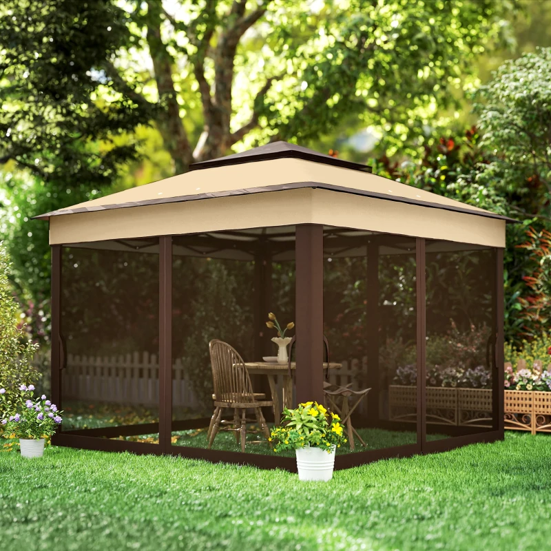 Outsunny 10.7 x 10.7ft Pop Up Gazebo, Adjustable Instant Sun Shelter with UV30+ Roof Cover, Removable Mesh Curtains, Beige