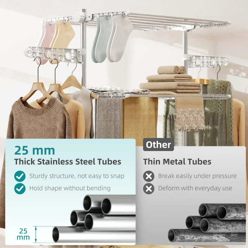 HOMCOM Garment Drying Rack Stainless Steel Folding Clothes Hanging Rack with Side Wings Castors for Indoor Outdoor White