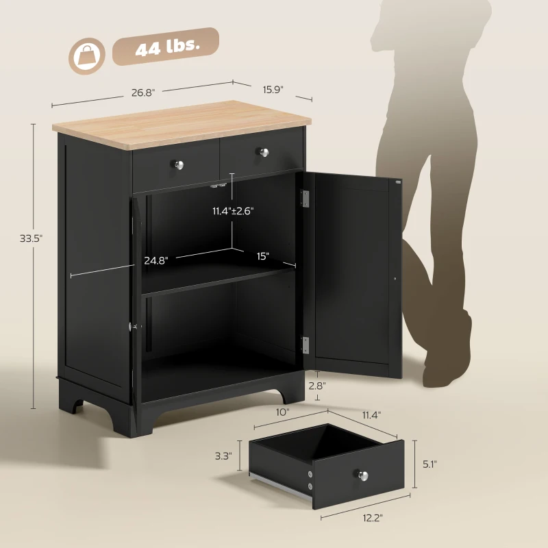 HOMCOM Kitchen Storage Cabinet, Sideboard Floor Cupboard with Solid Wood Top, Adjustable Shelf, and 2 Drawers, Black